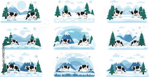 Winter farm landscape vector illustration set featuring cows snowy mountains pine trees snowfall and rural countryside scenes collection
