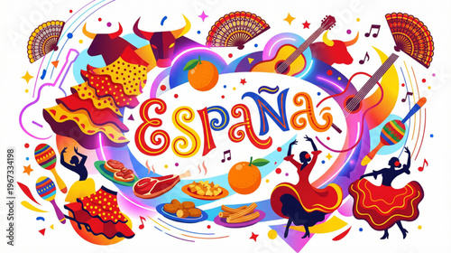 Spain Culture Tradition Flamenco Food and Symbols Vector Illustration