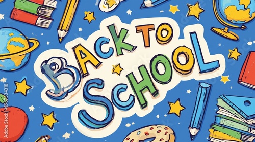 School Preparation With Colorful Decorations and Supplies on a blue Background