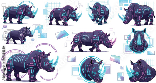 Futuristic cyberpunk rhinoceros vector illustration set with neon glowing tech elements digital geometric shapes and sci fi animal designs