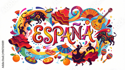 Spain Culture Tradition Flamenco Food and Symbols Vector Illustration