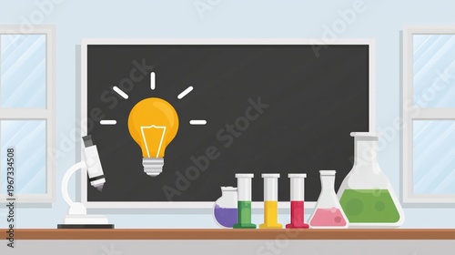 Laboratory Scene Showing Tools for Science Experiments With Bright Ideas in a...
