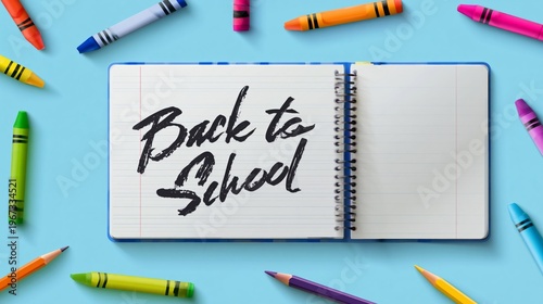 Students Prepare for a New School Year With Crayons and a Notebook on a Blue ...