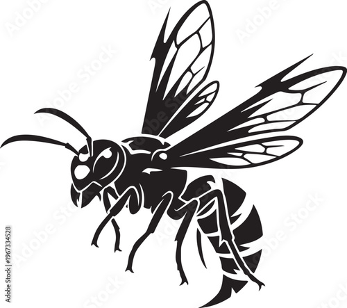 Black and white wasp silhouette with wings spread insect