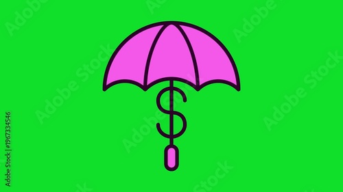 Animated Illustration of a Pink Umbrella with a Dollar Sign Handle 4k stock animation video on a green screen for chroma key background for video editing.Representing Financial Protection.