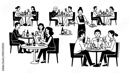 Restaurant vector illustration of people dining and socializing in a modern setting