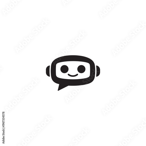 "Robot Face Chat Bubble Logo Icon – Bold Black Flat Vector Symbol Combining AI Bot Head and Speech Balloon for Chatbot, Virtual Assistant & Conversational AI Branding Design"