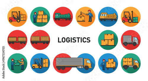 Set of colorful circular icons depicting various logistics and shipping activities such as transport and warehouse work.