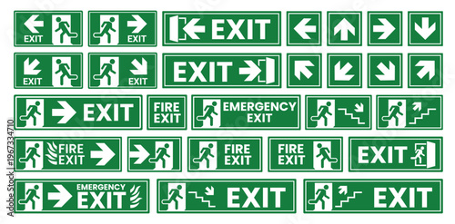 A collection of bright green exit signs featuring running figures and directional arrows prominently displayed silhouette high quality professional detailed modern elegant stylish