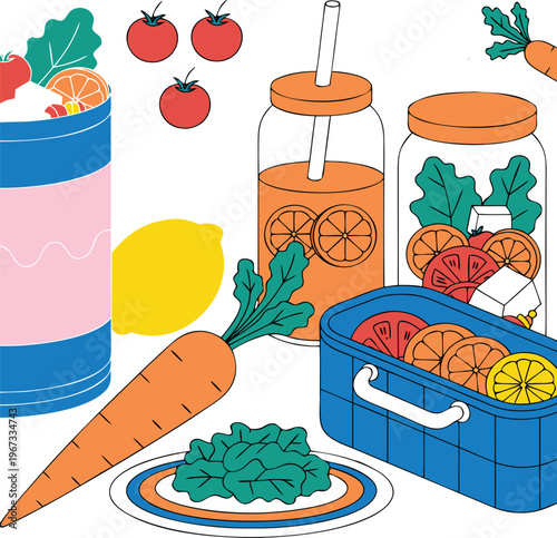 Healthy meal preparation, colorful fruits and vegetables, fresh food and drink vector illustration, lemon and carrots.