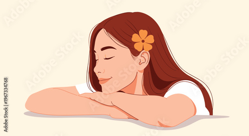Serene young woman with long brown hair and a yellow flower sleeping peacefully with her head resting on her arms.