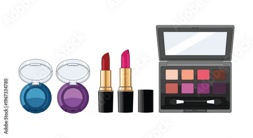 Essential makeup products set including two single eyeshadows, two lipsticks, and a colorful eight-shade eyeshadow palette.