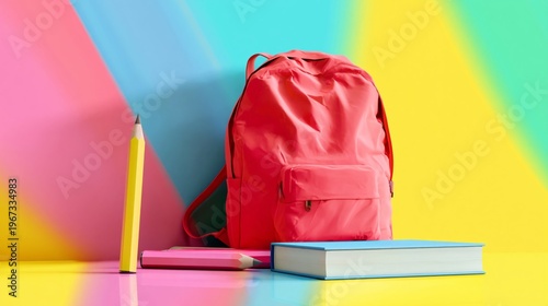 Bright Backpack and School Supplies on Colorful Background in a Study Setup D...