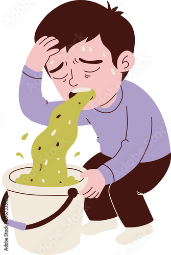 Man Vomiting in Bucket, hand drawn flat vector