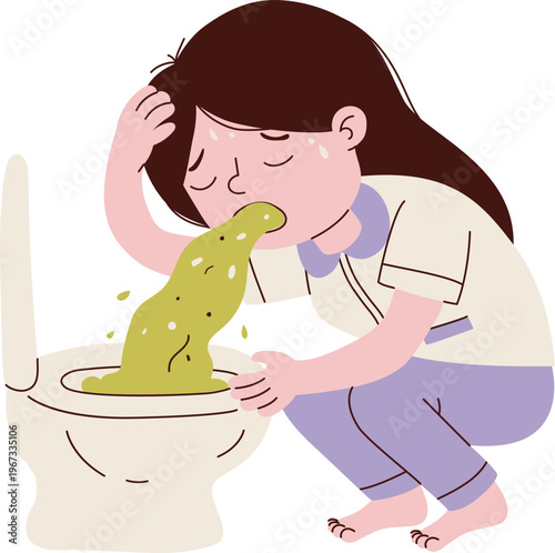 Woman Vomiting in Toilet, hand drawn flat vector