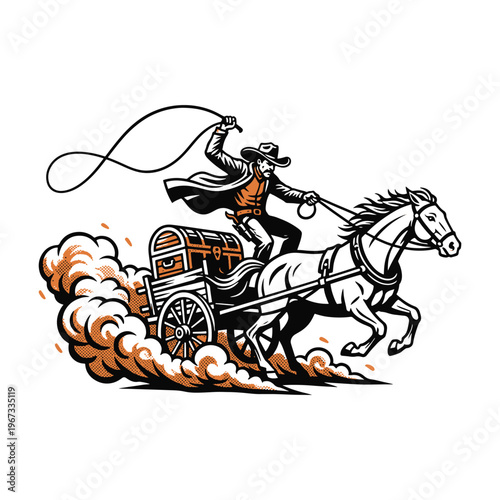 Fast-moving Western wagon pulled by a white horse with a cowboy driver vector illustration.
