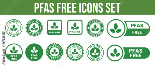 A collection of green circular and rectangular icons announces products certified as free from pfas a silhouette high quality professional detailed modern elegant