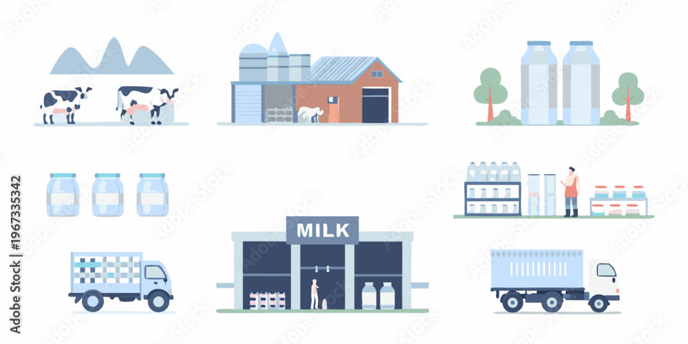 Fototapeta premium Cartoon illustration of a dairy farm and milk production process