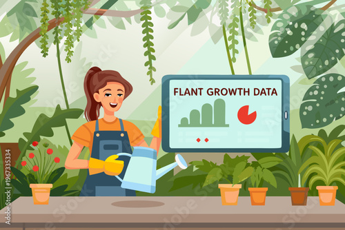 Woman examining plant growth data on a tablet while gardening indoors