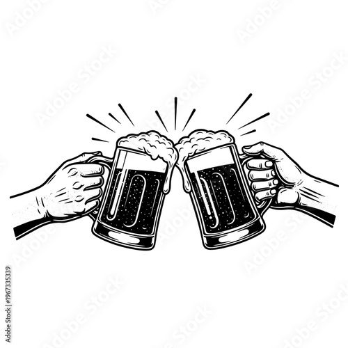 Vintage hand drawn engraving of two hands clinking beer mugs or ale glasses for cheers during oktoberfest party celebration at a brewery bar or pub festival event vector illustration concepts.