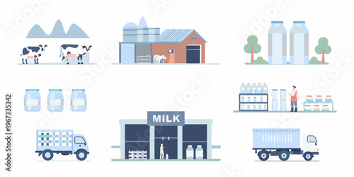 Cartoon illustration of a dairy farm and milk production process