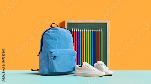 Bright Colored Backdrop With Backpack, Shoes, and Pencils Arranged in a Simpl...