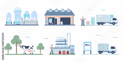 Dairy farm production and distribution process illustrated in a cartoon style