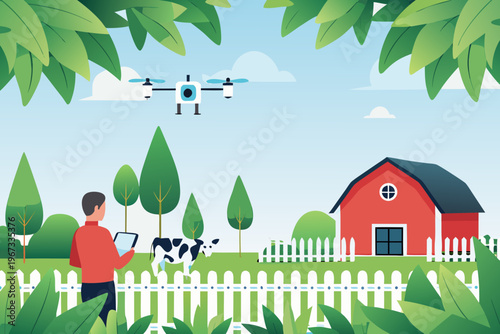 A drone flies over a farm monitored by a farmer with a tablet