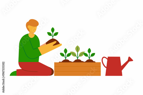 Person tending to seedlings in a garden with a watering can nearby