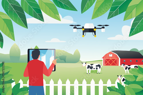 Drone monitoring farmland with a farmer using a digital tablet