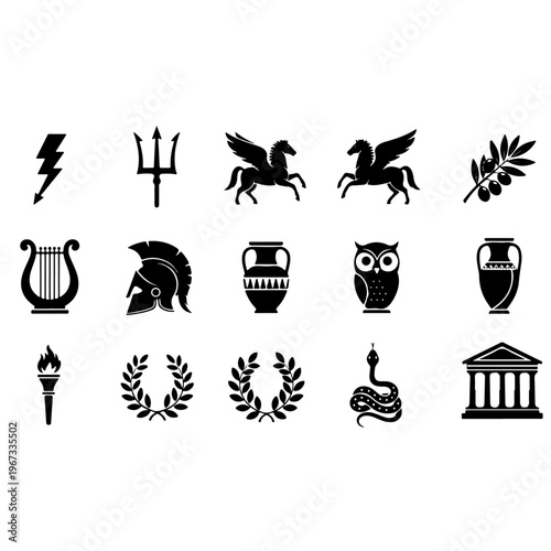 Collection of ancient Greek mythology symbols including trident pegasus lyre owl spartan helmet and temple icons in black solid style for history education and mystical branding vector concepts.