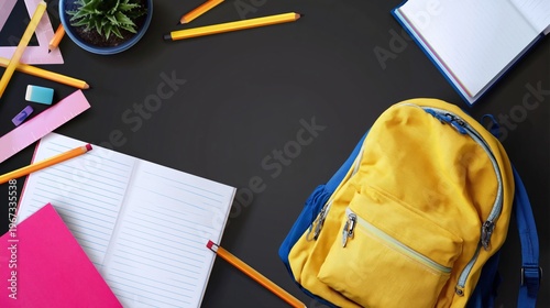 School Supplies Arranged on a Chalkboard With a Backpack, Notebooks, and Stat...