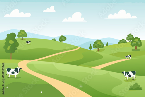 A peaceful countryside landscape with rolling green hills and grazing cows