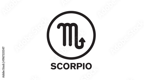 Scorpio zodiac sign symbol with its name in bold black font underneath inside a simple black circle featuring astrology, horoscope, emblem with icon