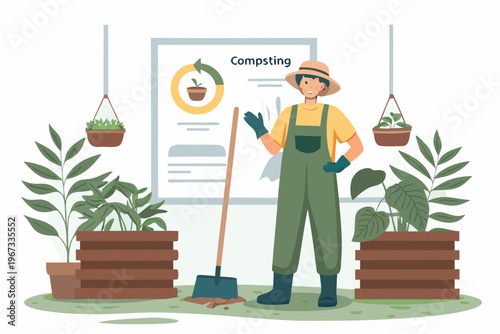 A gardener tending to plants with composting information in the background