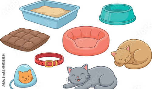 Cute Cat Accessories Collection with Cat Beds, Bowls, Litter Box, Collar, and Sleeping Cats for Pet, Animal, and Cartoon Designs