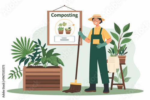 A gardener demonstrates composting techniques with a visual aid and plants