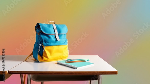 Bright Backpack on Table With Notebooks and Pens in Classroom Setting During ...