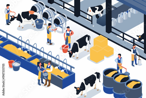 Isometric illustration of a modern dairy farm and cheese production process