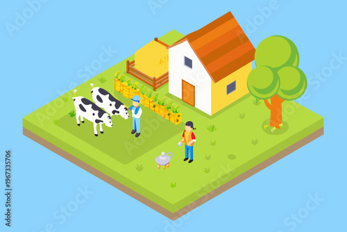 Isometric farm scene depicting a house cows and two farmers