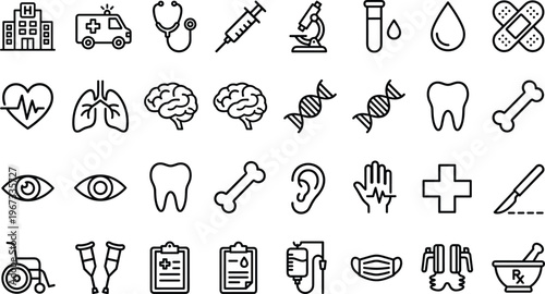 A collection of black line icons related to medical and healthcare on a pure