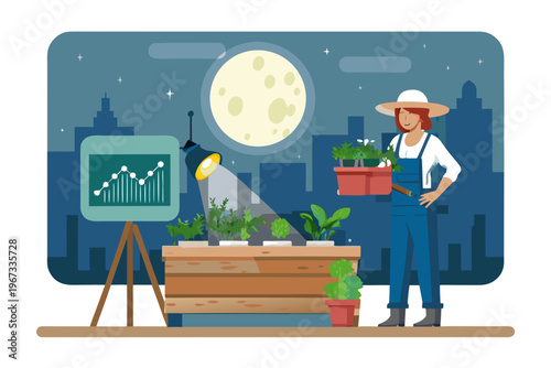 Woman gardening on a rooftop with a city and moonlit nightscape