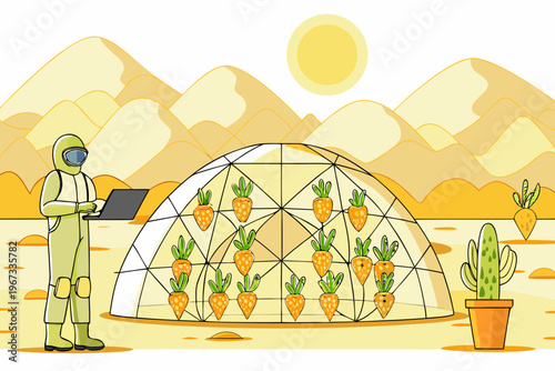 Astronaut tending to a carrot farm inside a futuristic greenhouse dome