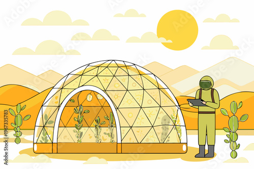 A person examines plants growing inside a geodesic dome greenhouse