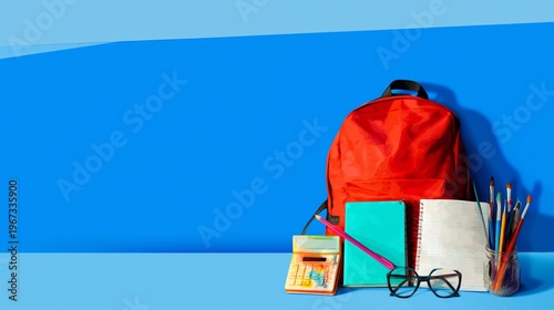 School Supplies on a Blue Background With an Apple, Paint Palette, and a Back...