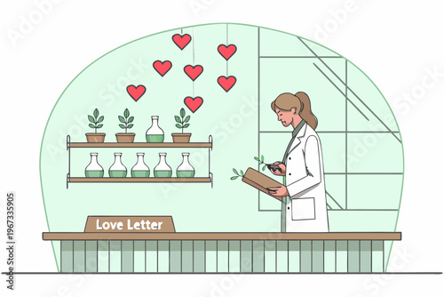 Scientist examining plant growth within a greenhouse filled with love symbols