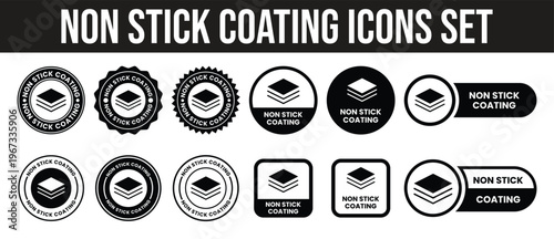A collection of black icons depicting non stick coating layers arranged in circular and rectangular shapes silhouette high quality professional detailed modern elegant