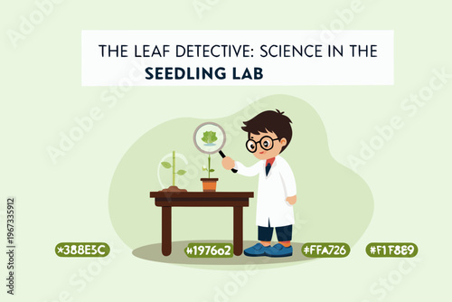 A young scientist investigates a seedling with a magnifying glass in a lab
