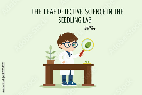 A young scientist examines a leaf with a magnifying glass in a lab