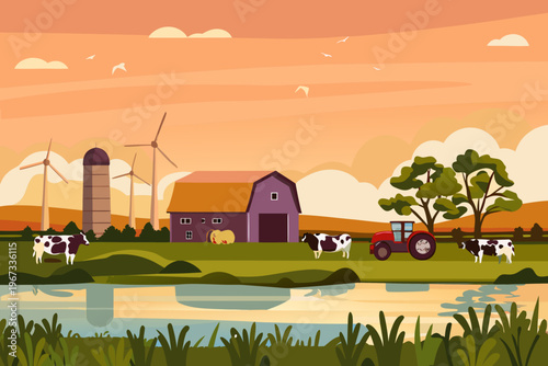 Peaceful farmland scene with cows a barn and wind turbines